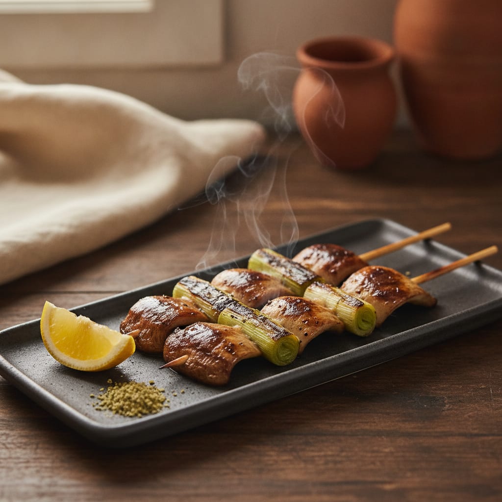Four grilled king oyster and scallion skewers, deeply lacquered and charred at the edges, glossy with tare, resting across a narrow rectangular plate with a wedge of lemon and a pinch of sansho